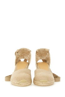 Beige Castañer women’s espadrille wedge sandals with woven strap details and braided jute sole