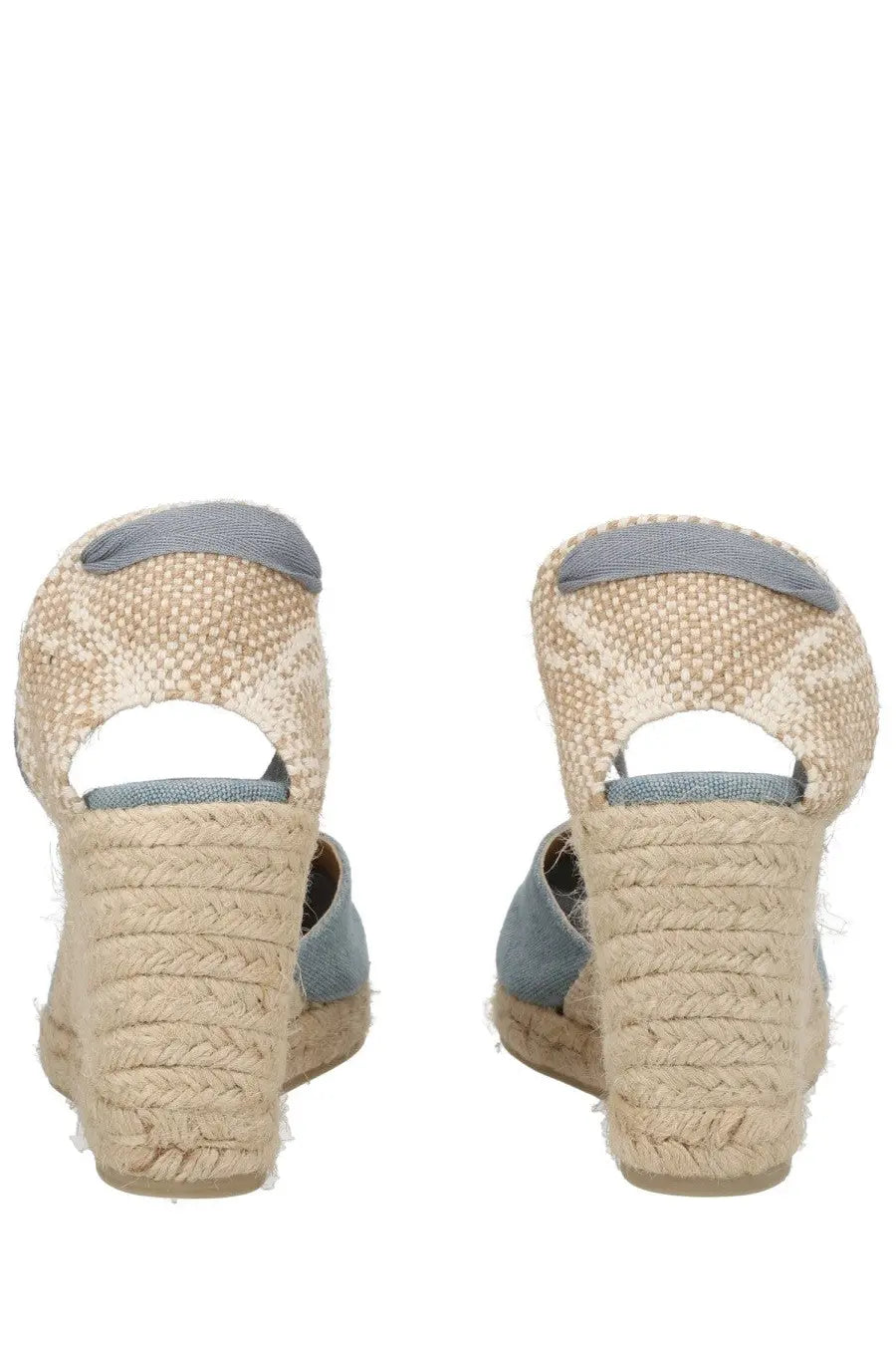 Castañer women’s espadrille cute blue beige and light blue woven wedge sandals with braided rope heel