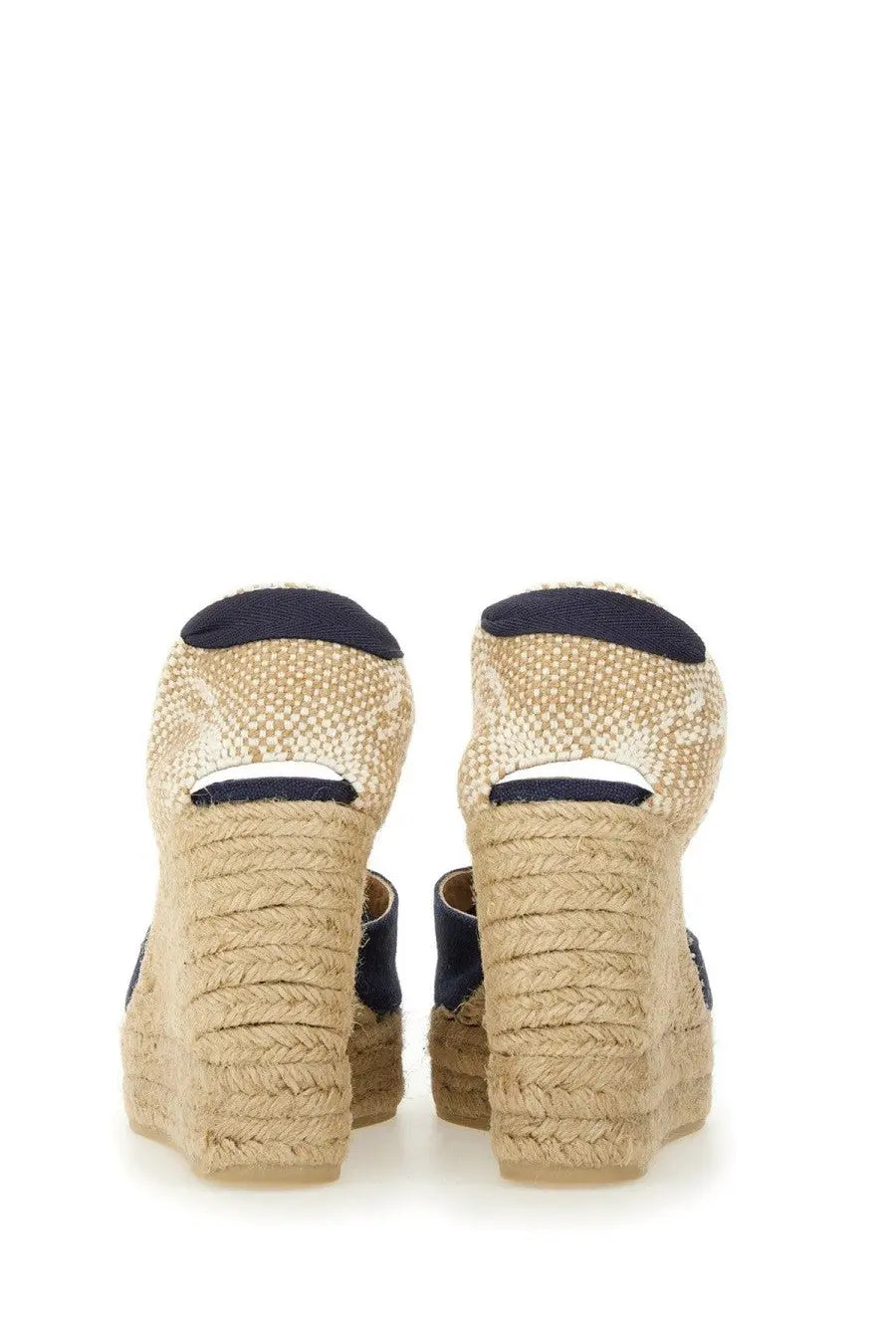 Castañer women’s espadrille wedge sandals with beige braided jute soles and navy blue fabric accents