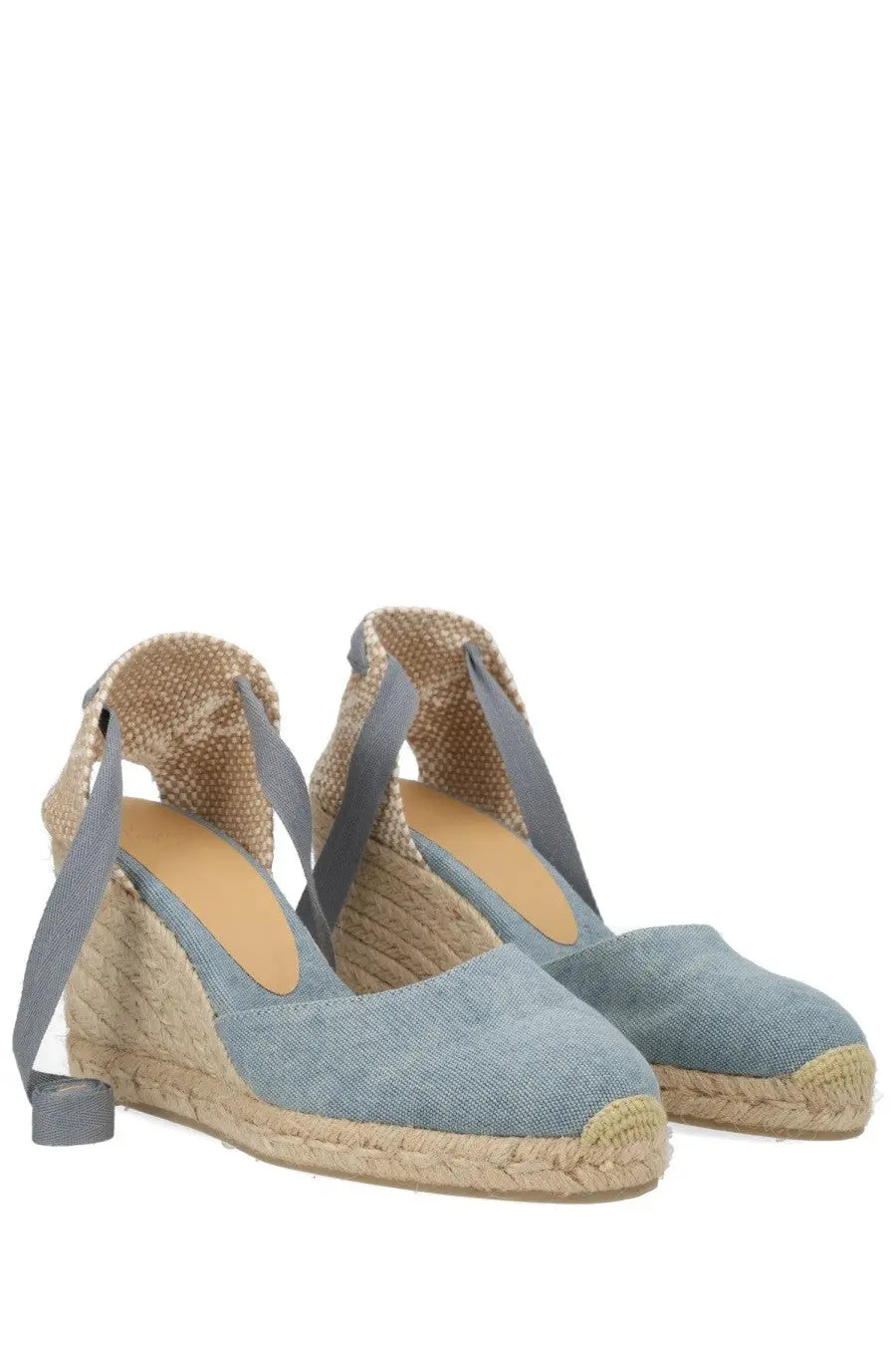 Castañer women’s espadrille cute blue light blue denim wedge sandals with gray ribbon straps and woven jute sole