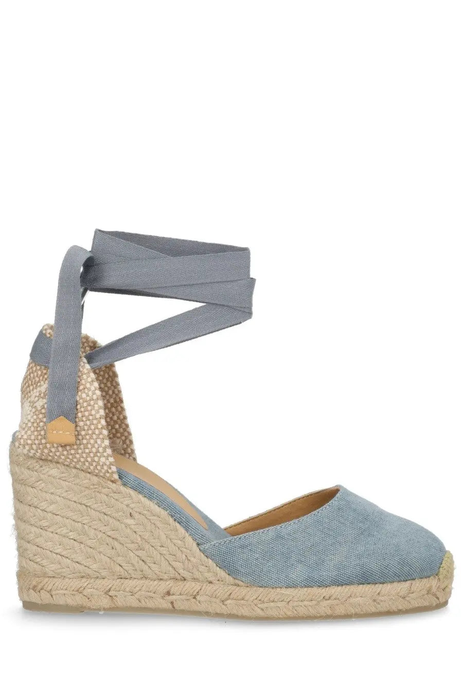 Castañer women’s espadrille wedge sandal in light blue denim with gray fabric ankle straps and woven jute sole