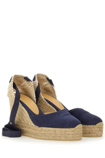 Navy blue castañer women’s espadrille wedge sandals with braided jute sole and matching fabric straps