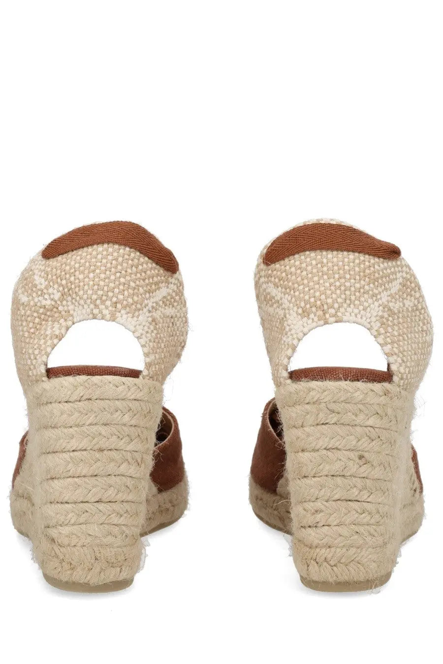 Beige and brown woven espadrille wedge sandals with braided rope heel from castañer womens espadrille cute brown collection