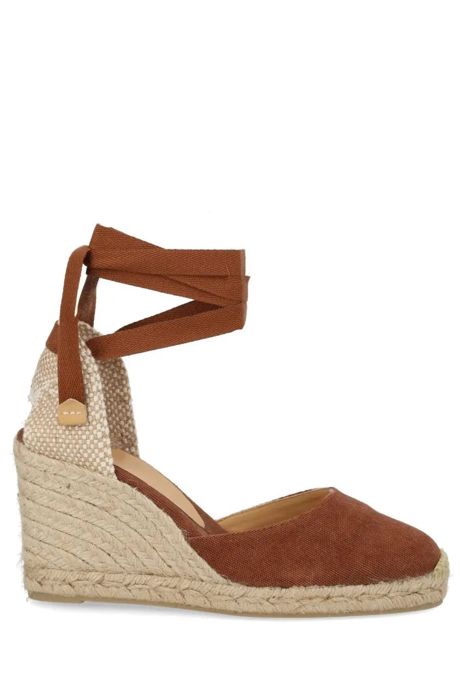 Brown suede espadrille wedge sandal with woven jute heel and ankle strap from castañer women’s espadrille cute brown collection