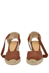 Castañer women’s espadrille cute brown sandals with woven jute wedge soles and matching fabric straps