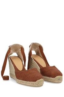 Brown espadrille wedge sandals for women with woven jute soles and matching fabric straps by castañer