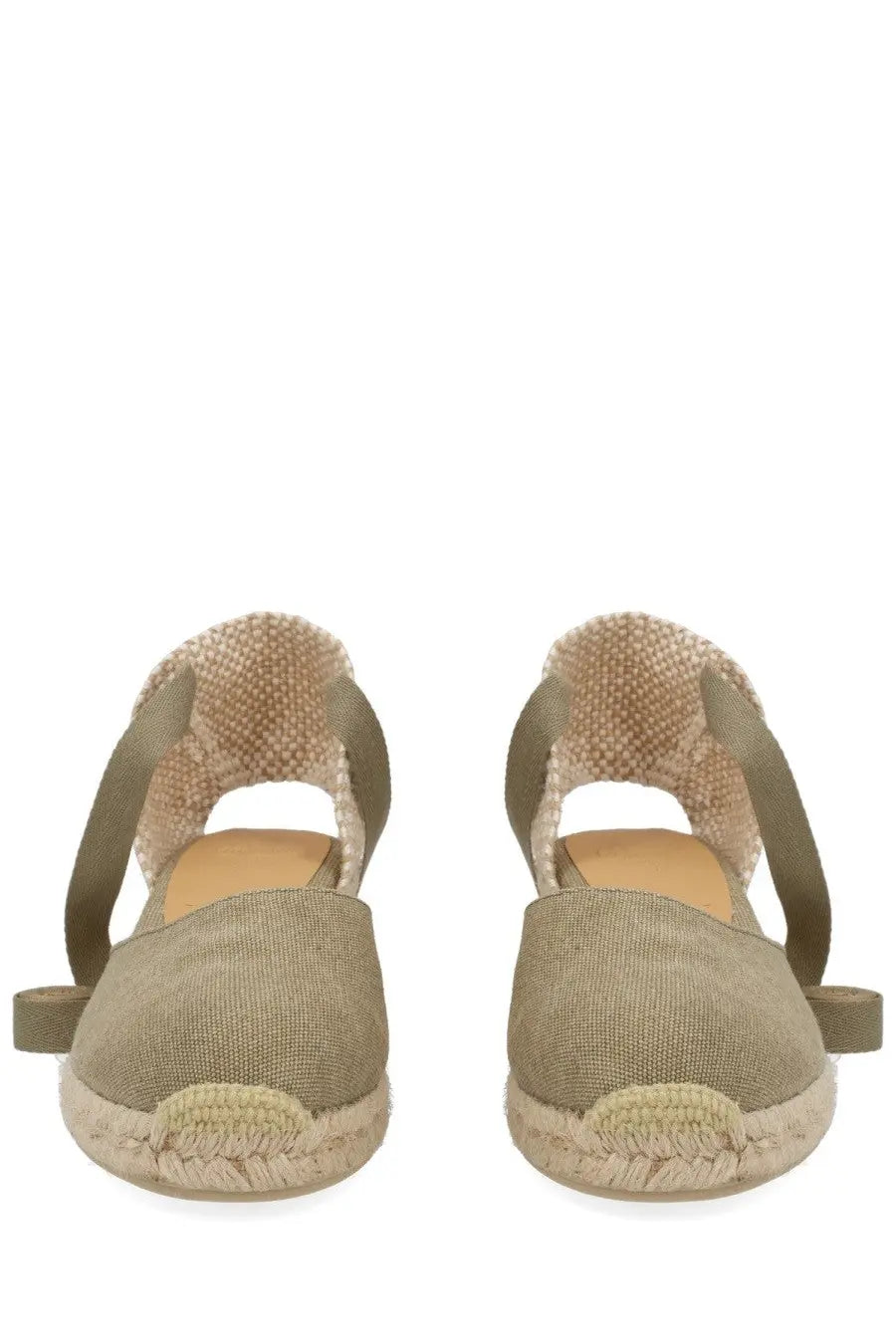 Castañer women’s espadrille beige sandals with woven jute soles and olive green fabric straps