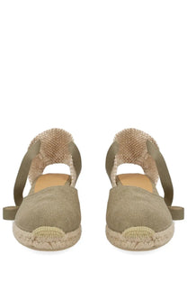 Castañer women’s espadrille beige sandals with woven jute soles and olive green fabric straps
