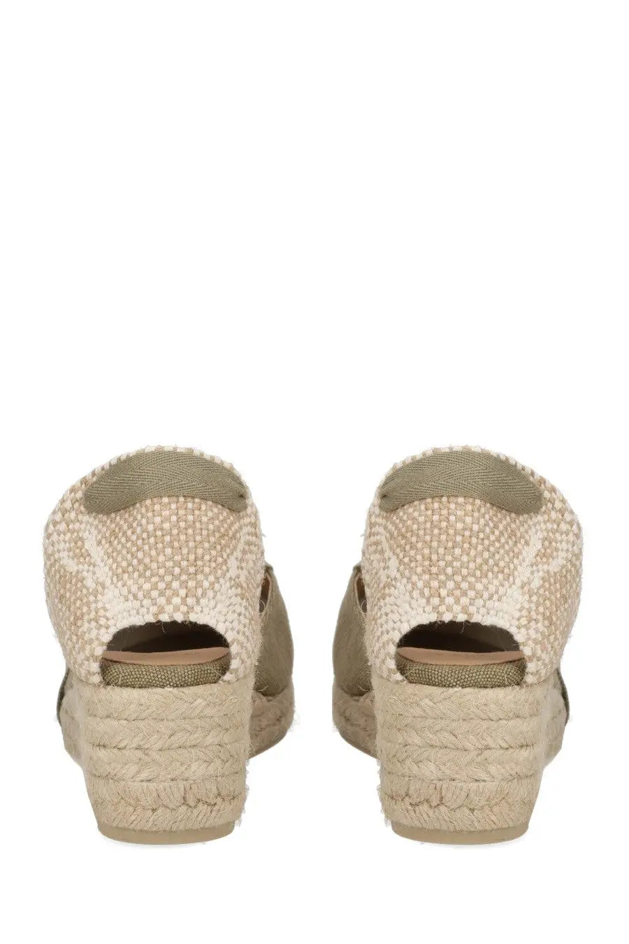 Castañer women’s espadrille wedge sandals in beige woven fabric with olive green accents and braided sole