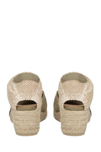 Castañer women’s espadrille wedge sandals in beige woven fabric with olive green accents and braided sole