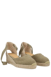 Castañer women’s espadrille cute green olive green wedge sandals with woven jute soles and fabric straps