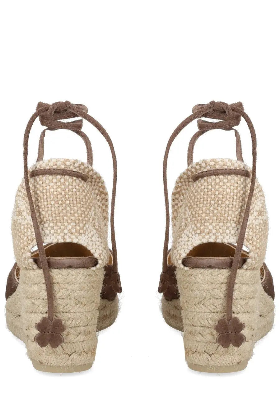 Castañer women’s espadrille beige woven wedge sandals with brown leather straps and floral accents