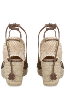 Castañer women’s espadrille beige woven wedge sandals with brown leather straps and floral accents