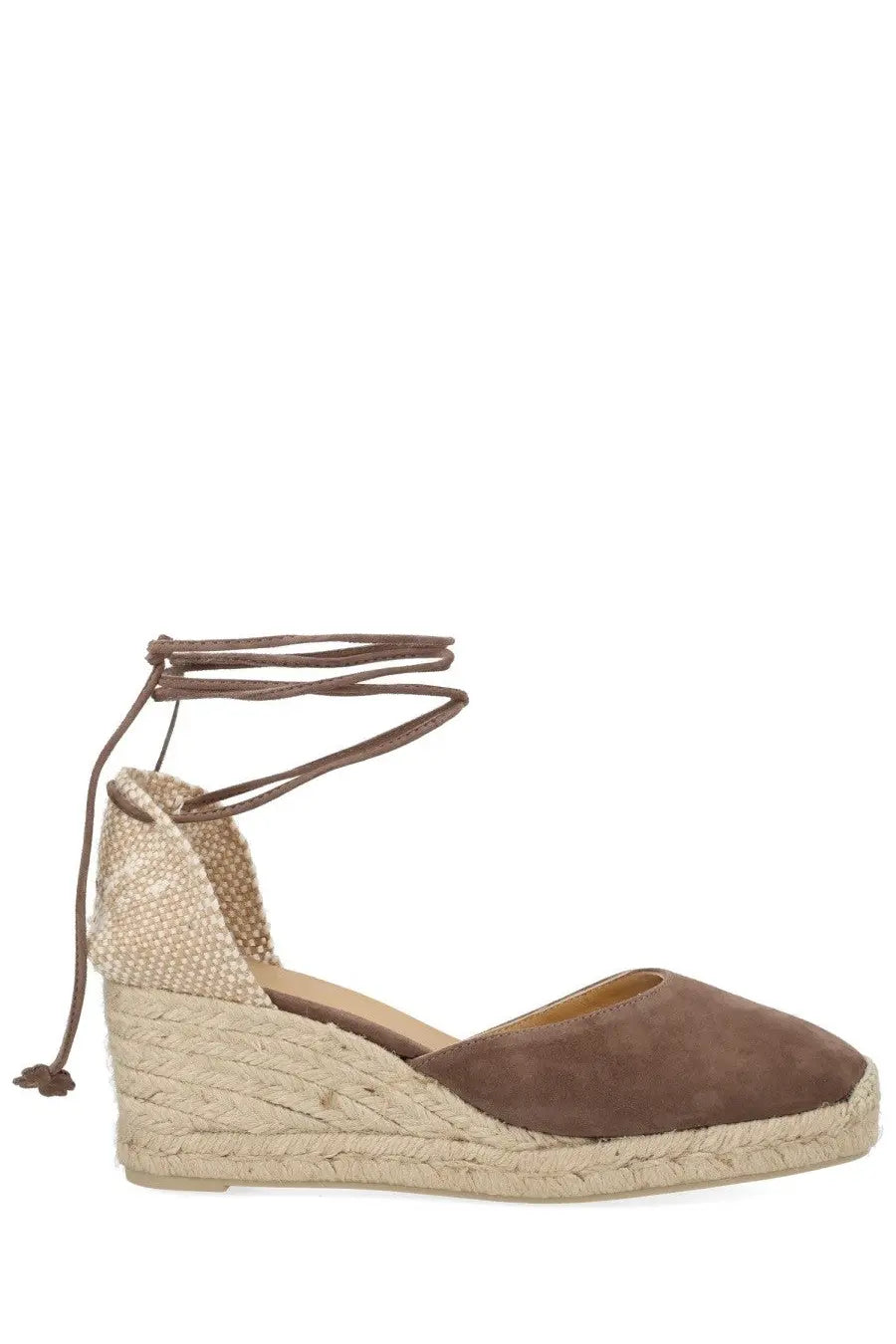 Castañer women’s espadrille cute grey brown suede wedge sandal with woven jute sole and adjustable ankle strap