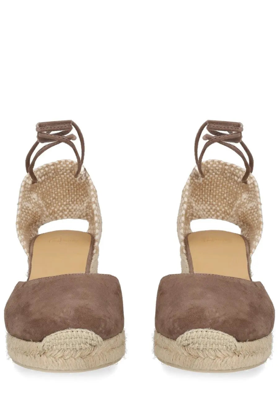 Brown suede espadrille wedge sandals with woven jute straps and braided heel from Castañer women’s espadrille cute grey