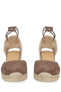 Brown suede espadrille wedge sandals with woven jute straps and braided heel from Castañer women’s espadrille cute grey