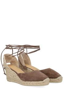 Brown suede espadrille wedge sandals with woven jute straps and ankle ties for women by castañer in grey