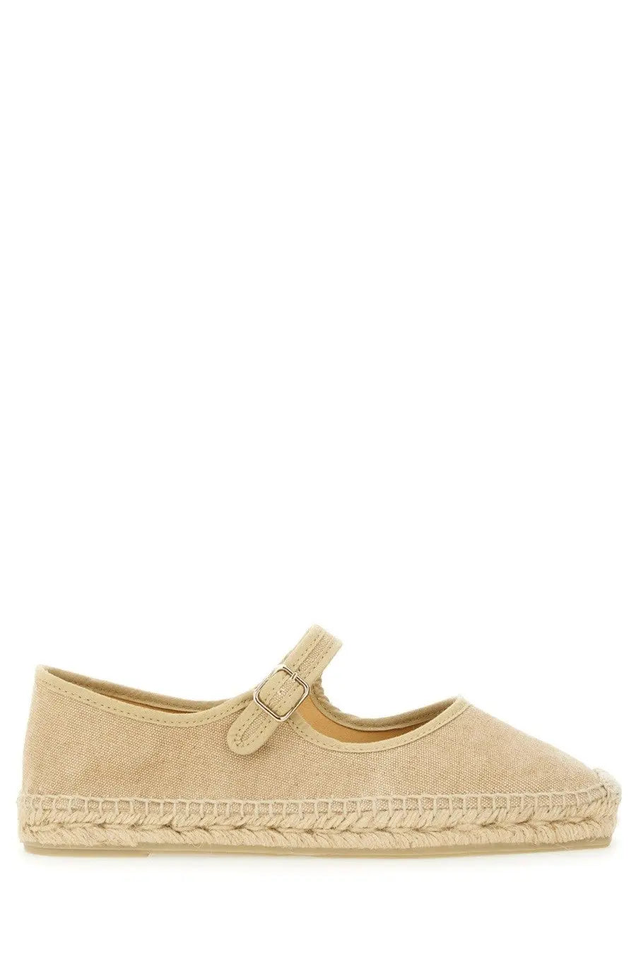 Castañer women’s espadrille padua beige flat with beige canvas upper and woven jute sole with buckle strap