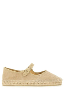 Castañer women’s espadrille padua beige flat with beige canvas upper and woven jute sole with buckle strap