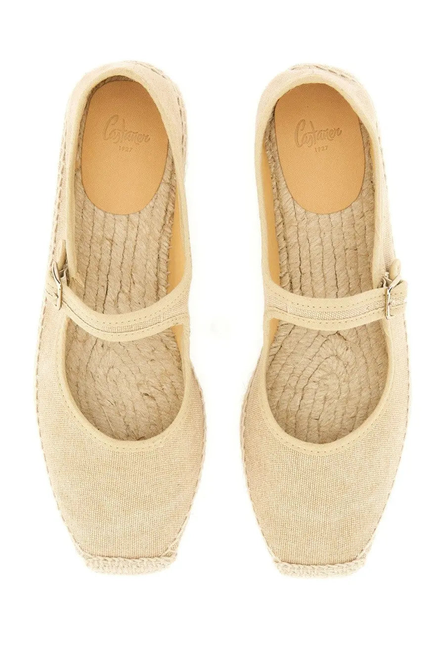 Castañer women’s espadrille padua beige flats with fabric upper woven jute sole and single strap across the foot
