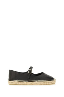 Castañer women’s espadrille Pepa black leather flat shoe with woven jute sole and single strap across the instep