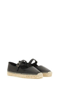 Black leather espadrille flats with woven jute sole and adjustable strap buckle by castañer women’s pepa black