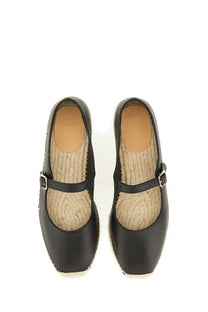 Castañer women’s espadrille pepa black leather flats with woven jute sole and single strap across the instep