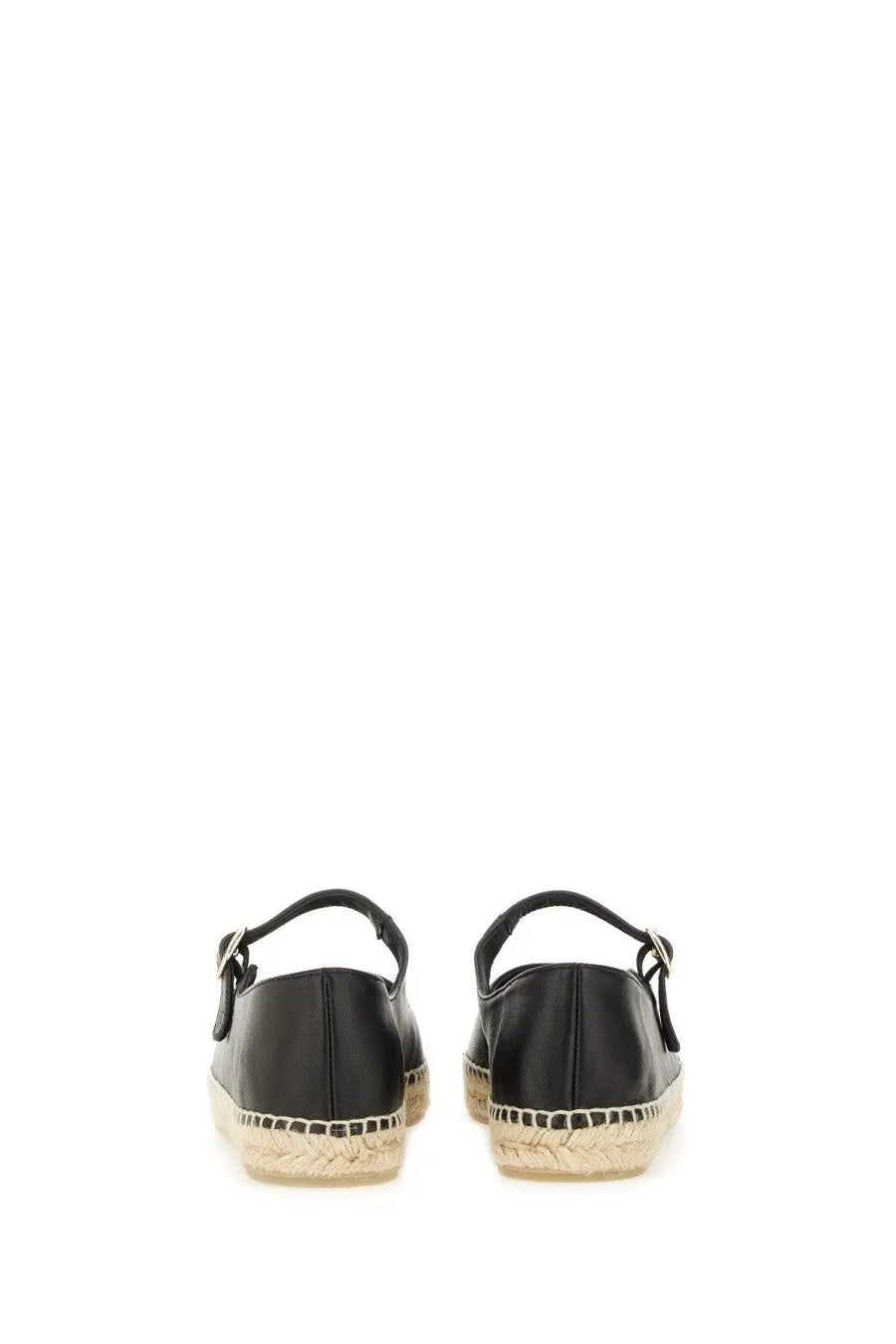 Castañer women’s espadrille Pepa black leather flats with woven jute sole and adjustable ankle strap