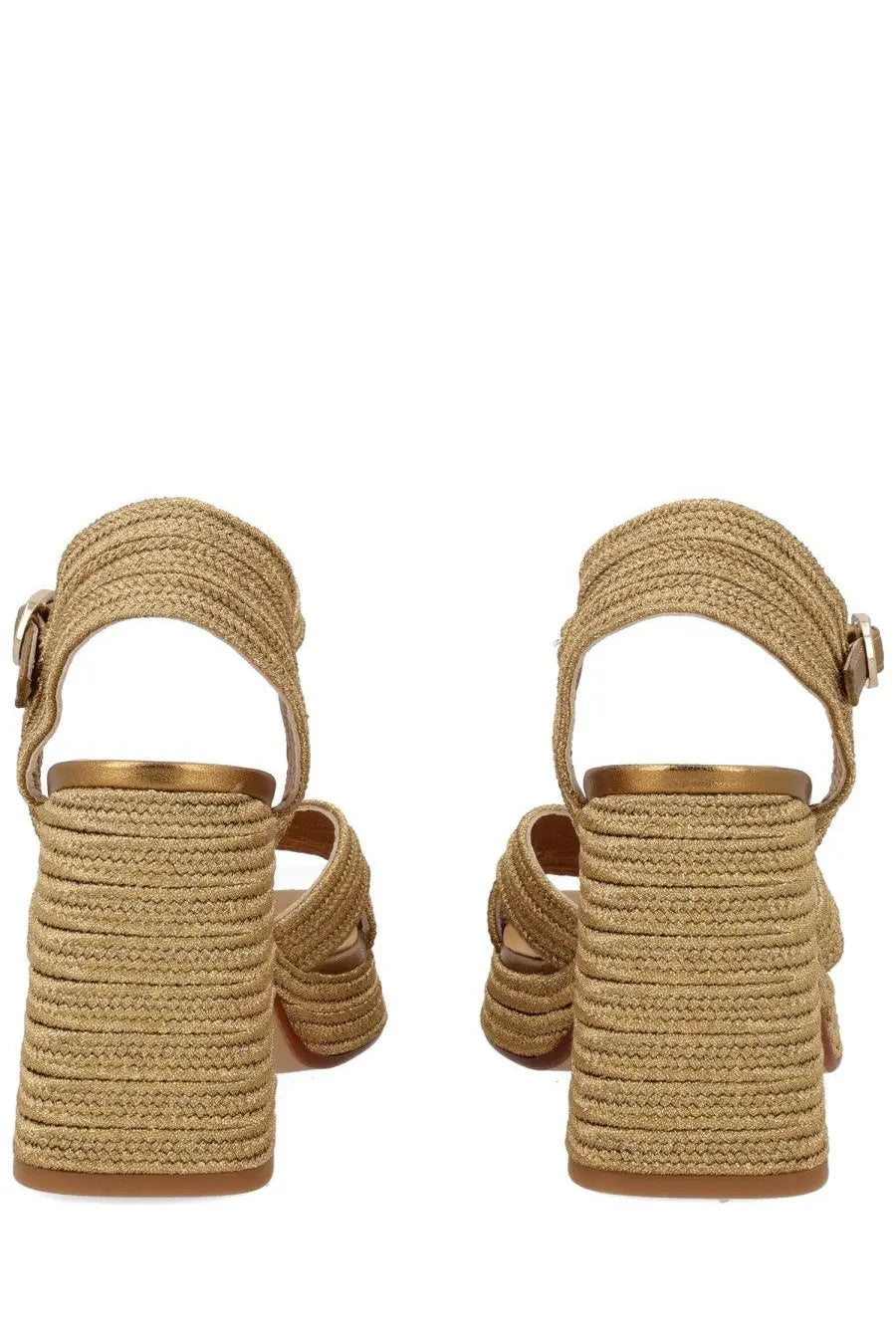 Beige woven straw Castañer women’s espadrille sandals with gold-tone metal accents and chunky block heel