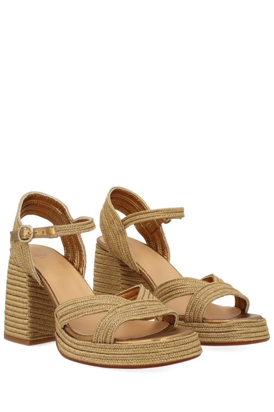 Castañer women’s espadrille valley gold sandals with gold-toned woven rope straps and chunky textured heel