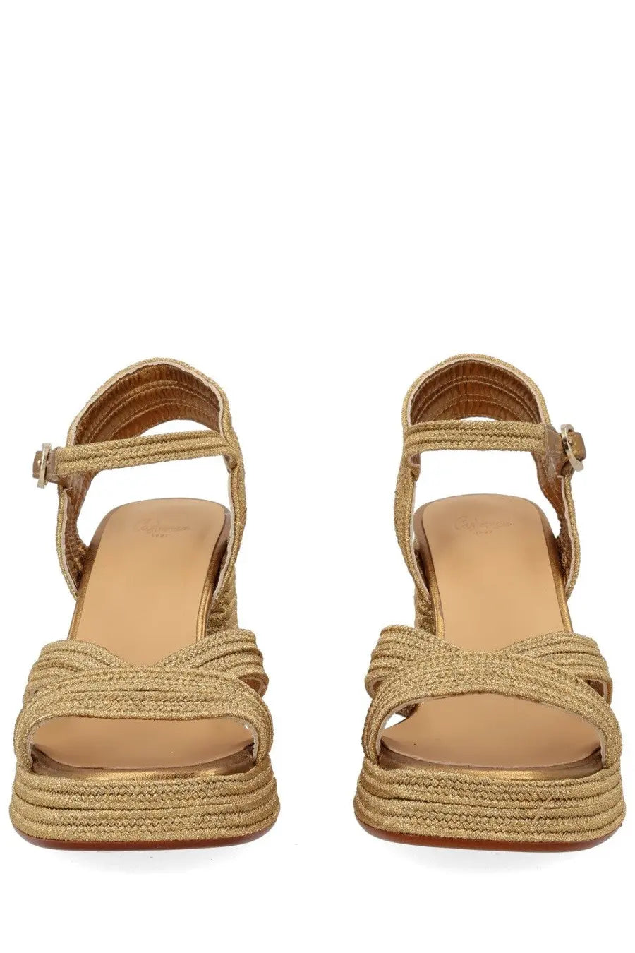 Castañer women’s gold-toned woven espadrille valley sandals with platform sole and adjustable ankle strap