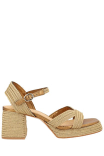 Beige woven espadrille sandal with chunky block heel and adjustable ankle strap by Castañer women’s Vallita gold