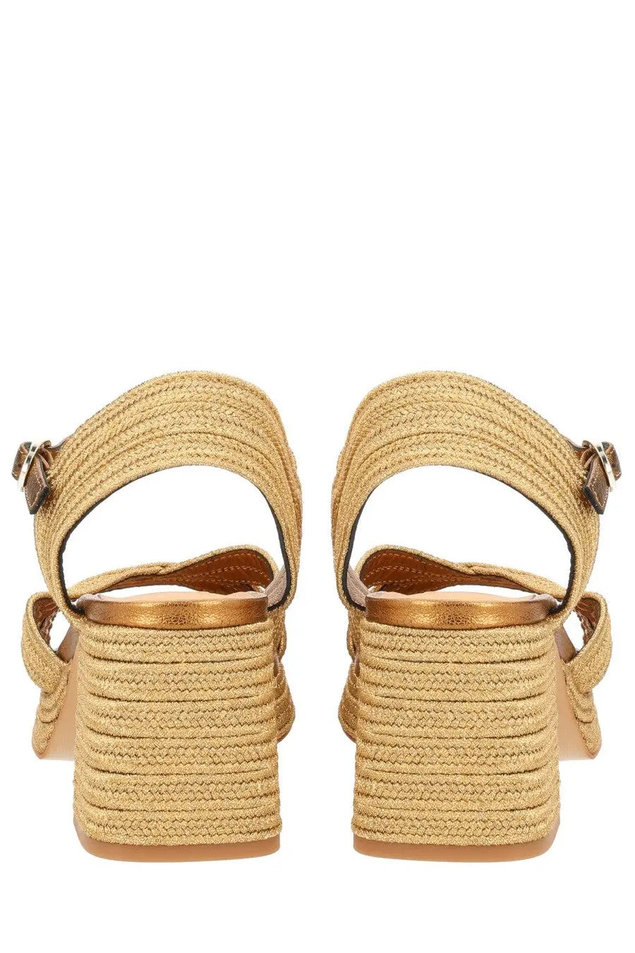 Beige woven espadrille sandals with braided rope heel and metallic buckle accents from castañer women’s vallita gold collection