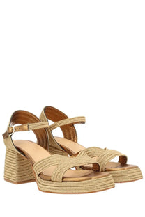 Castañer women’s espadrille vallita gold beige woven sandals with chunky heel and ankle strap visible from the back