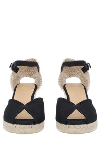 Castañer women’s espadrille black wedge sandals with woven jute sole and fabric straps