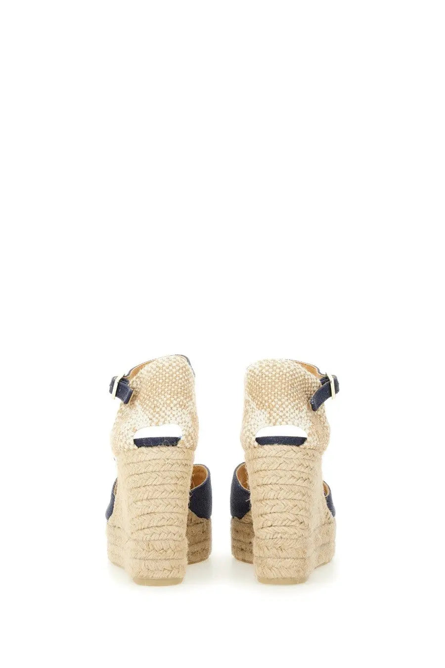 Castañer women’s espadrille wedge sandals in beige and navy blue with woven rope heels and ankle straps