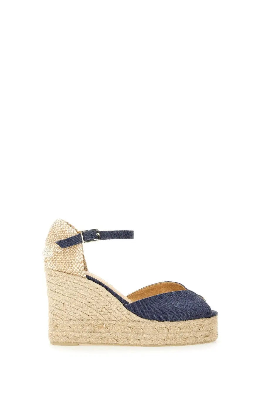 Navy blue denim wedge sandal with woven espadrille sole and ankle strap in castañer women’s espadrille white blue collection