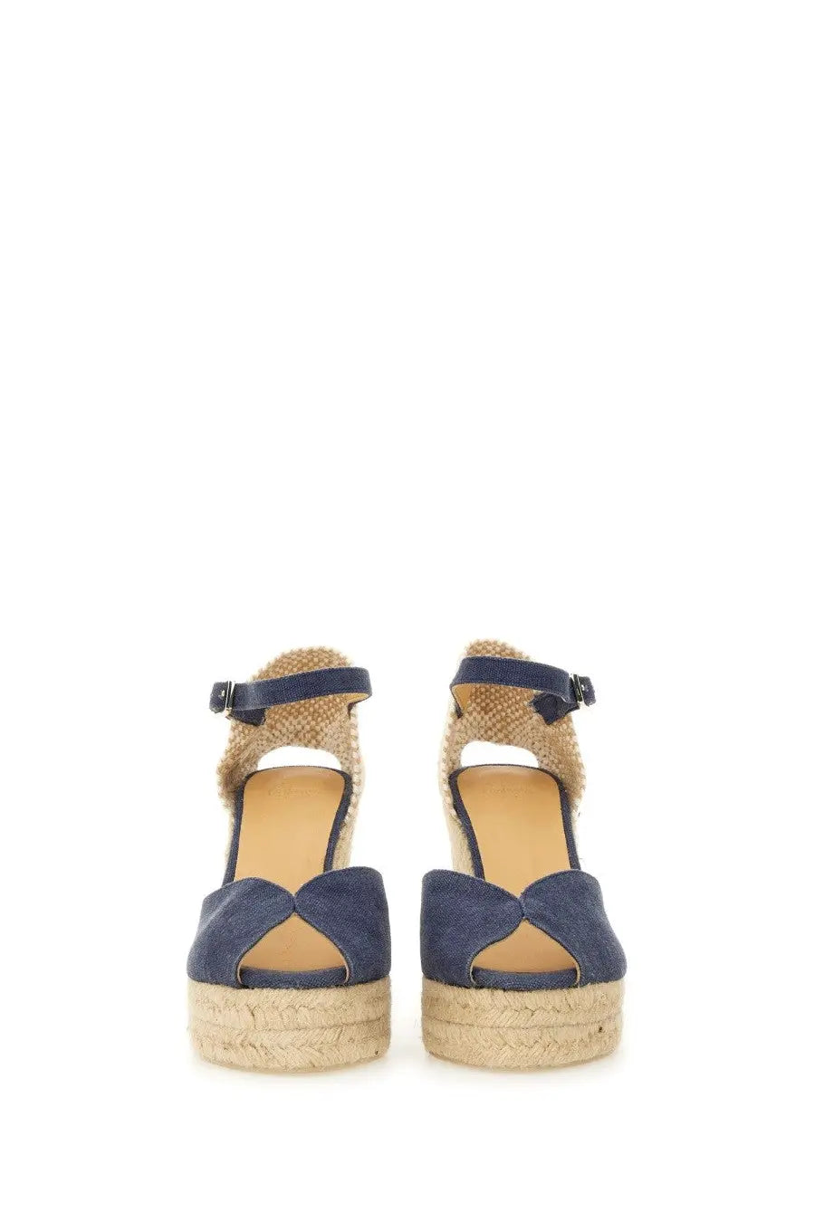 Navy blue suede espadrille wedge sandals with woven jute straps and ankle buckles from castañer women