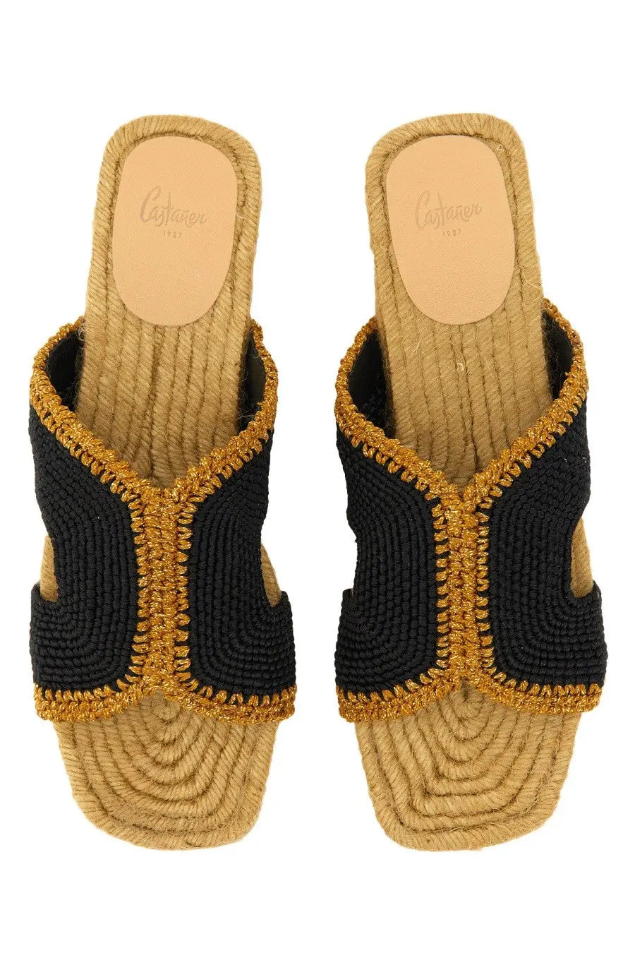 Castañer women’s rayon black and gold woven espadrille sandals with braided rope sole