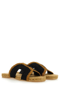 Castañer women’s rayon black and gold woven espadrille sandals with braided texture