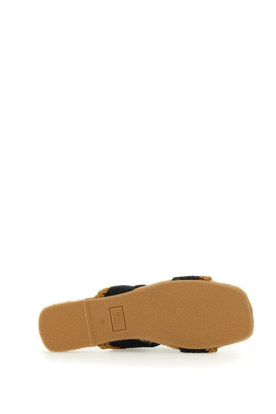 Castañer women’s rayon black woven espadrille sandal with tan rubber sole and gold-toned trim front view