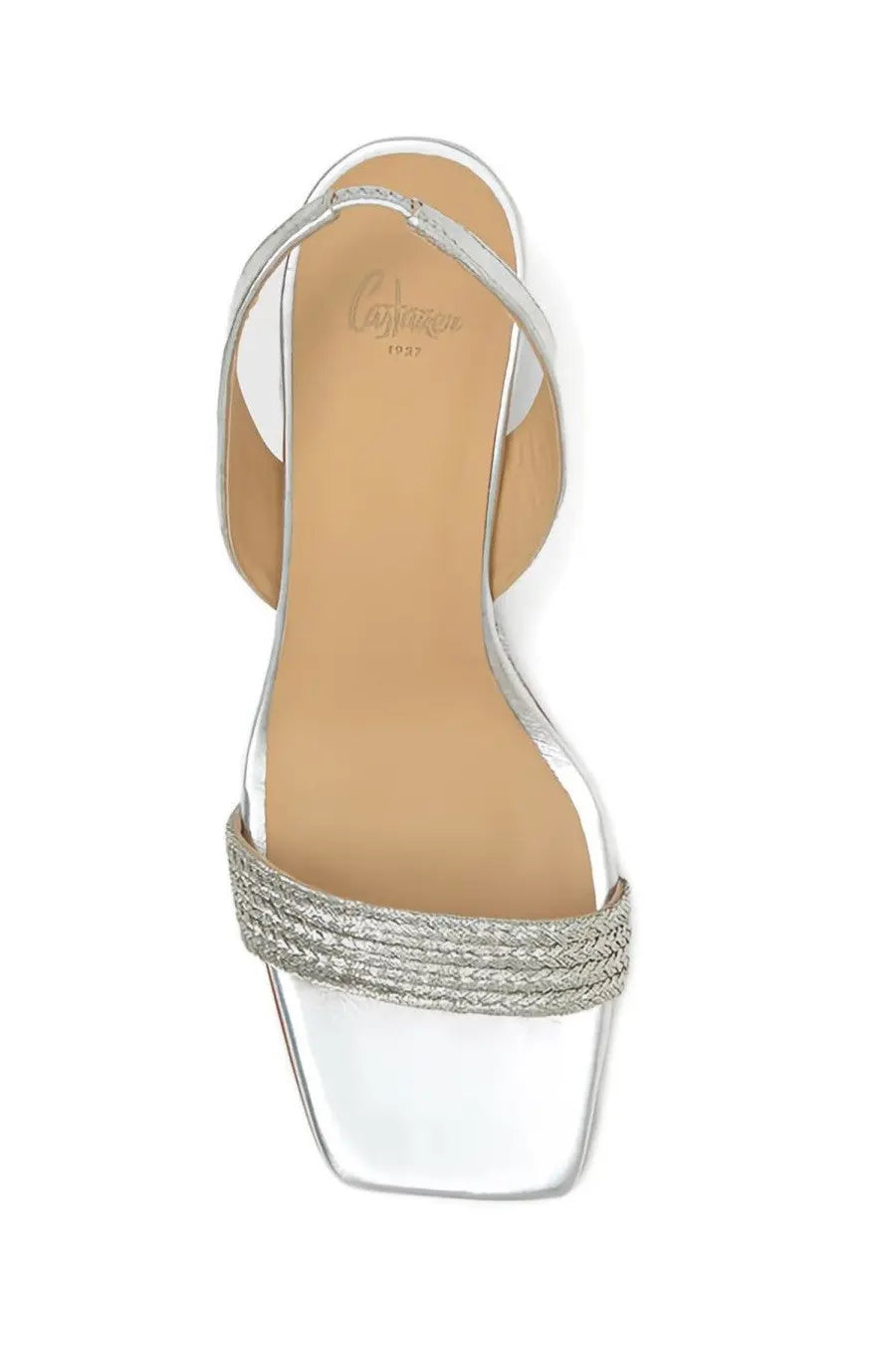 Castañer women’s sandal barby silver with square toe, woven glittery strap, and thin ankle straps