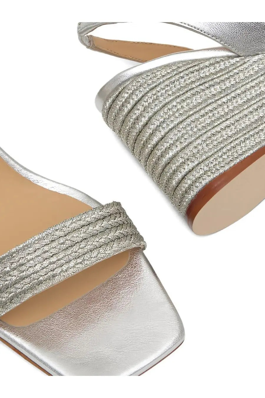 Castañer women’s silver woven rope strap sandals with metallic finish and square toe design