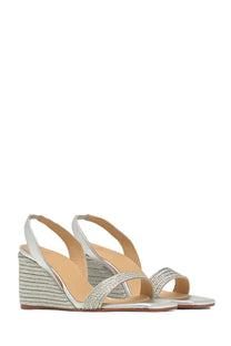 Castañer women’s sandal Barby silver with silver woven strap and textured espadrille wedge heel