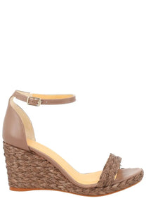 Castañer women’s beige leather wedge sandal with braided rope heel and ankle strap berna brown