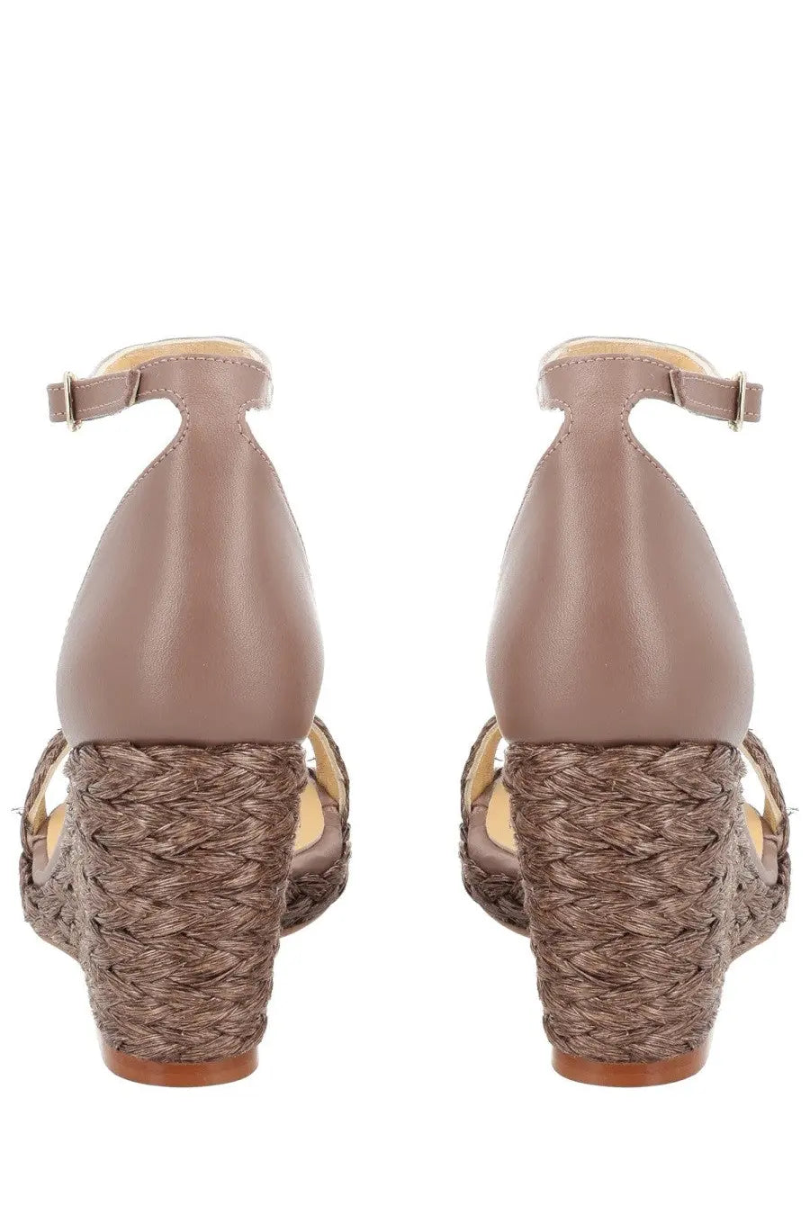 Castañer women’s beige leather wedge sandals with woven straw heel and ankle strap for casual wear