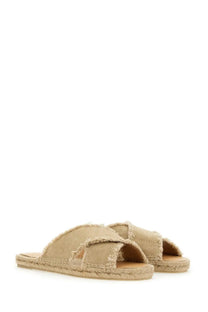 Castañer women’s sandal palmera beige canvas espadrille with frayed edges and woven jute sole front view