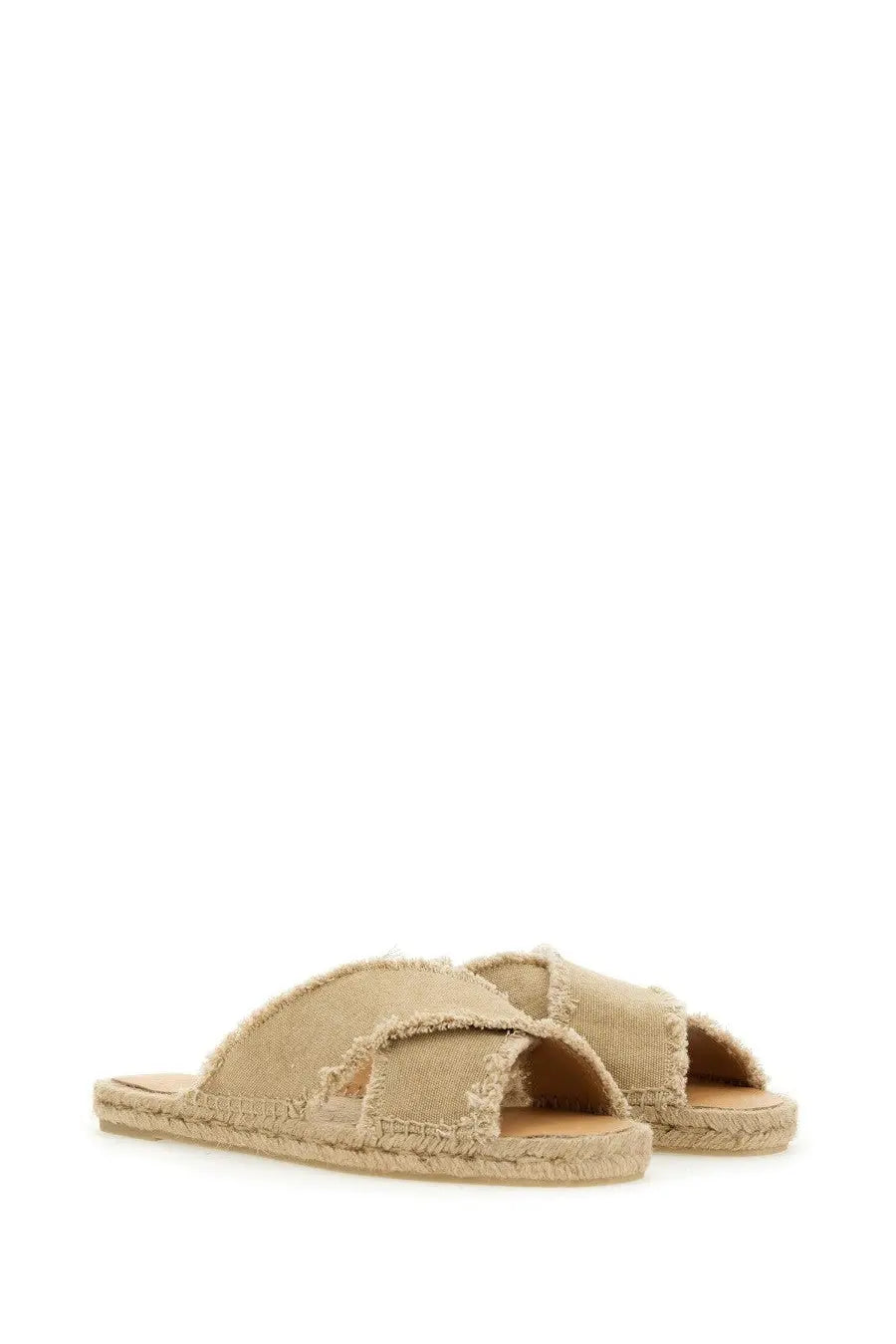 Castañer women’s beige canvas slide sandal palmera with frayed edge and woven espadrille sole visible from the back