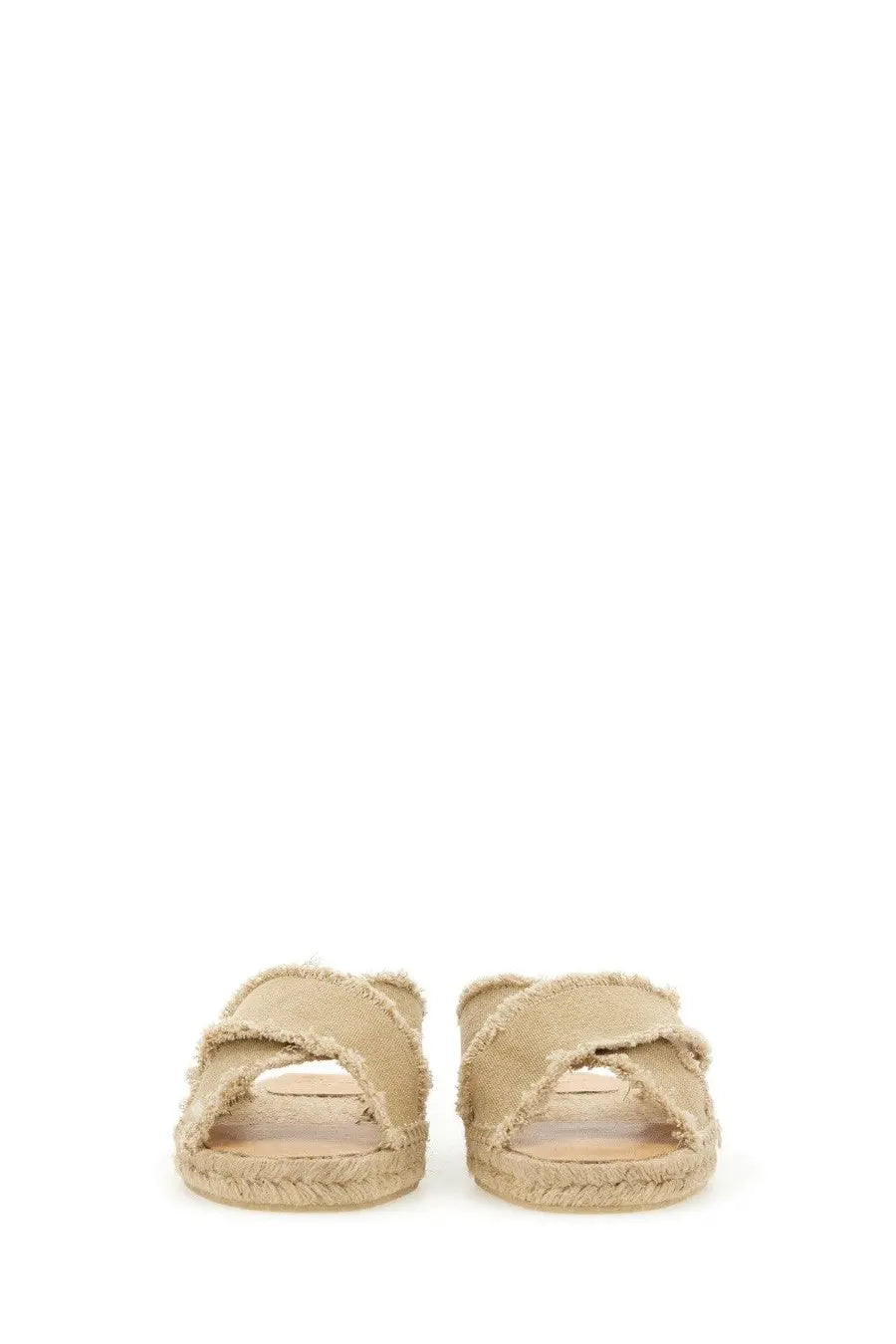 Castañer women’s beige canvas slide sandals with frayed edges and woven espadrille soles