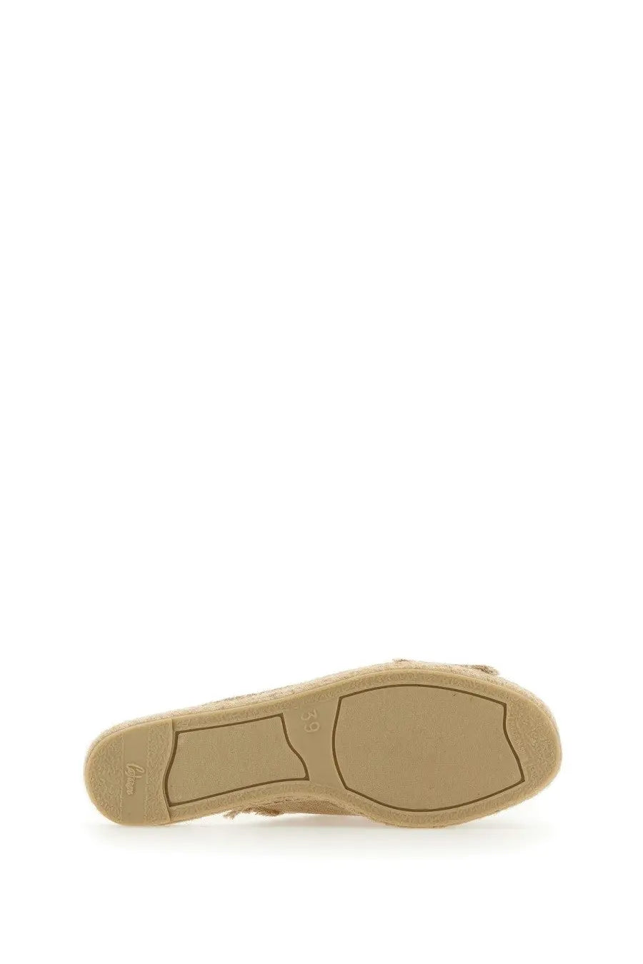 Beige espadrille sandal for women by castañer with woven rope sole and rubberized heel grip shown from the back side